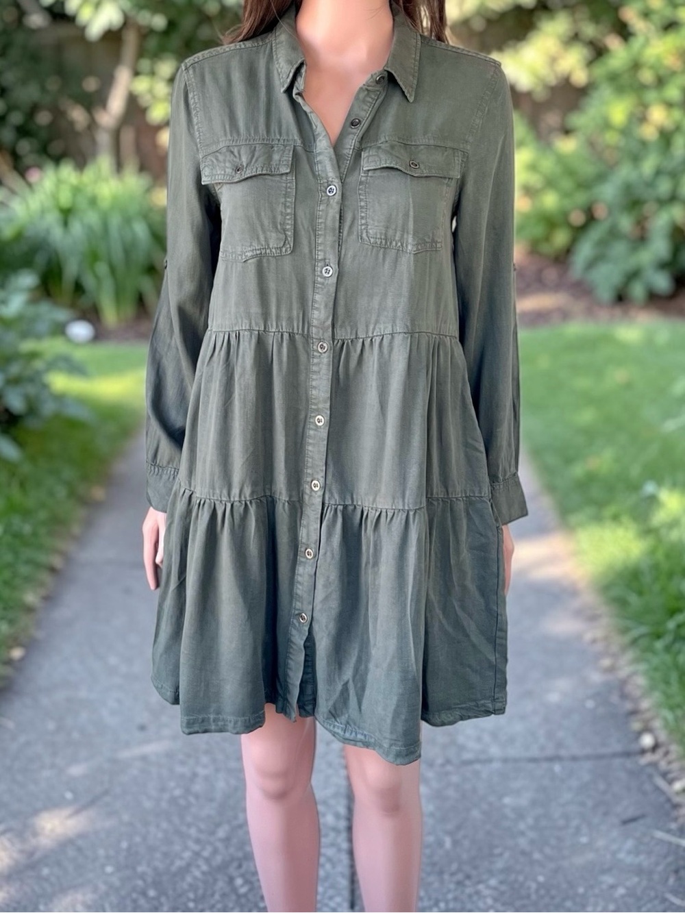 Velvet Heart Army Green Tencel Shirt Dress Small Utility Boho